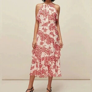 Whistles Devina Diagonal Floral Dress Halter Pink Cream Sundress Sleeveless S
